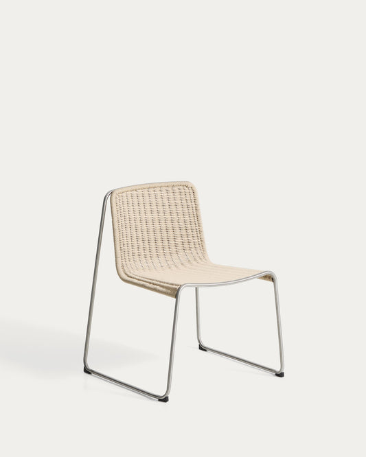 Tavari stackable chair in beige synthetic rope cord and AISI 304 stainless steel with brushed finish