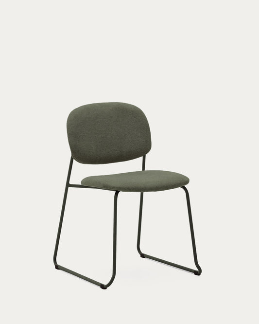 Meli stackable chair in green chenille with green metal legs FSC Mix Credit