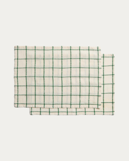 Adesta set of 2 individual placemats in 100% cotton ecru with green checks 35 x 50 cm