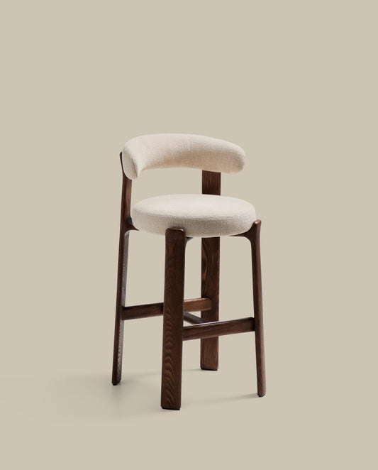Granite stool in beige chenille and solid ash wood with walnut-coloured finish FSC 100% 75cm
