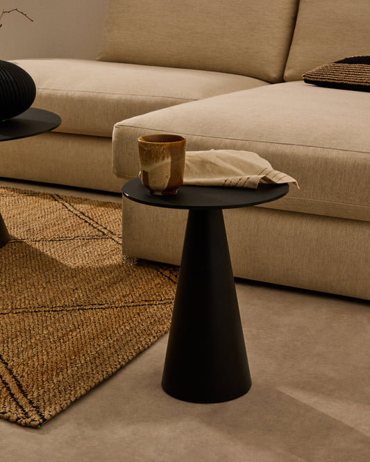 Wilshire side table with frosted tempered glass and steel with matt black painted finish Ø35cm