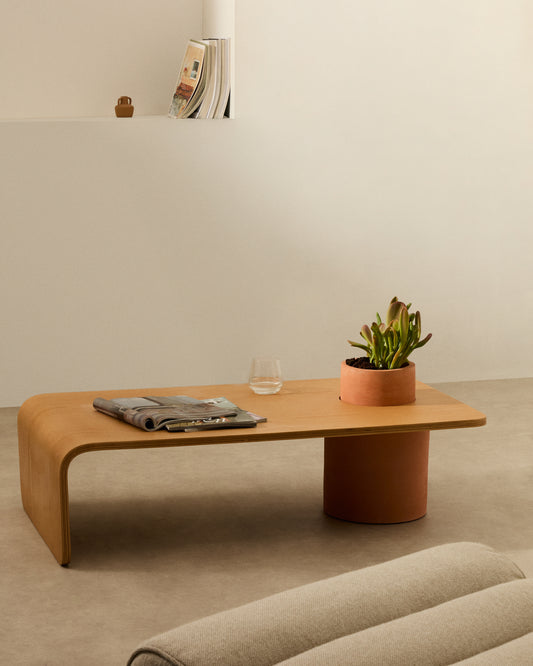 Olaria terracotta coffee table with an oak veneer in a natural finish, 110 x 60 cm