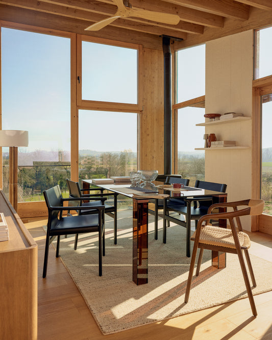 Niani floor lamp in rubber wood with natural finish and ivory-coloured cotton lamp shade