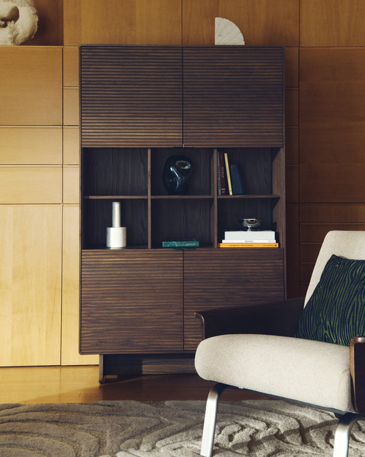 Norlen 4-door tall sideboard in walnut veneer FSC Mix Credit 100 x 163cm