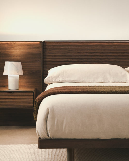 Norlen headboard with 2 bedside tables in walnut veneer with a dark finish and LED light for beds up to 160cm FSC Mix Credit