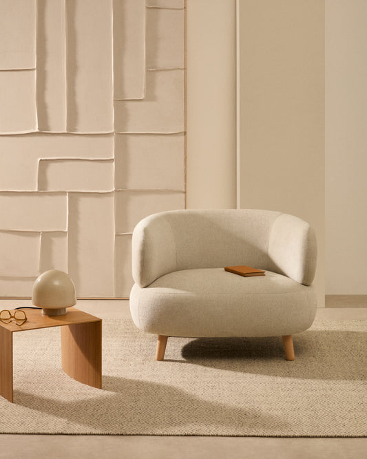 Luisa armchair in chenille pearl with solid beech wood legs 90 cm