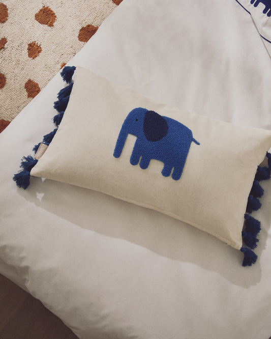 Tandani beige cotton cushion cover with embroidered blue elephant 30 x 50cm