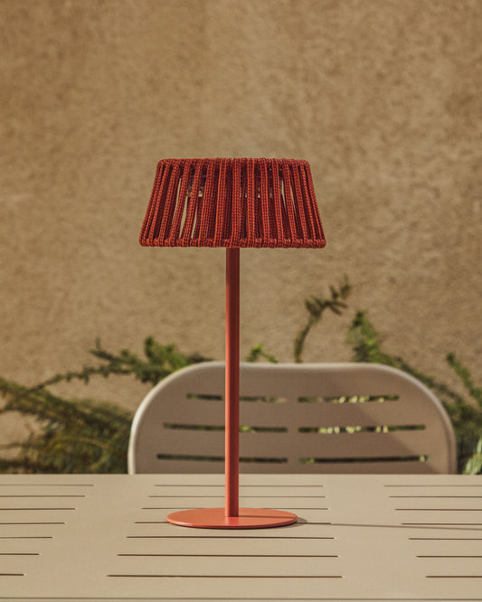 Aldet outdoor solar table lamp in terracotta flat rope cord with metal stand