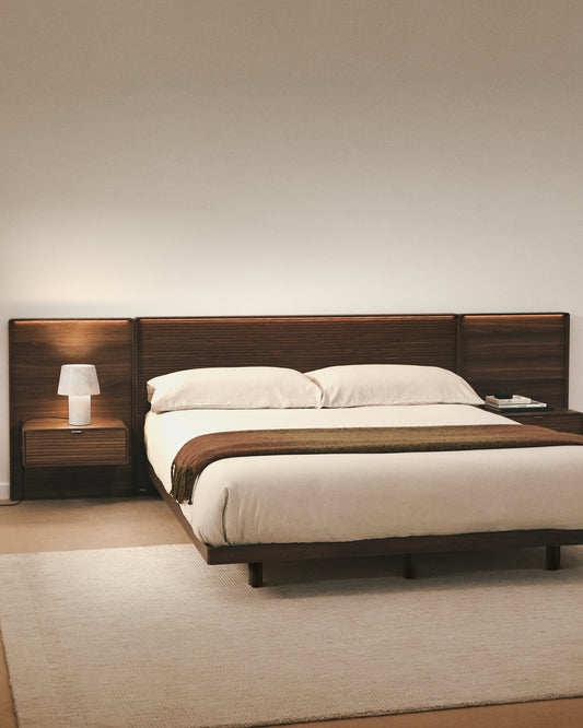 Norlen bed with 2 bedside tables in walnut veneer with dark finish and LED light for 180 x 200 cm mattress FSC Mix Credit