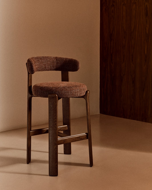 Granite stool in brown chenille and solid ash wood with walnut-coloured finish FSC 100% 75cm