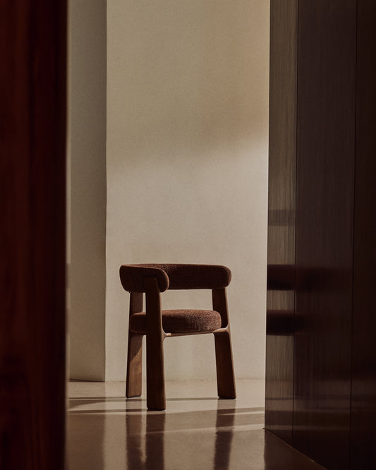 Granite 3-legged chair in brown chenille and with solid ash wood in a walnut finish FSC 100%