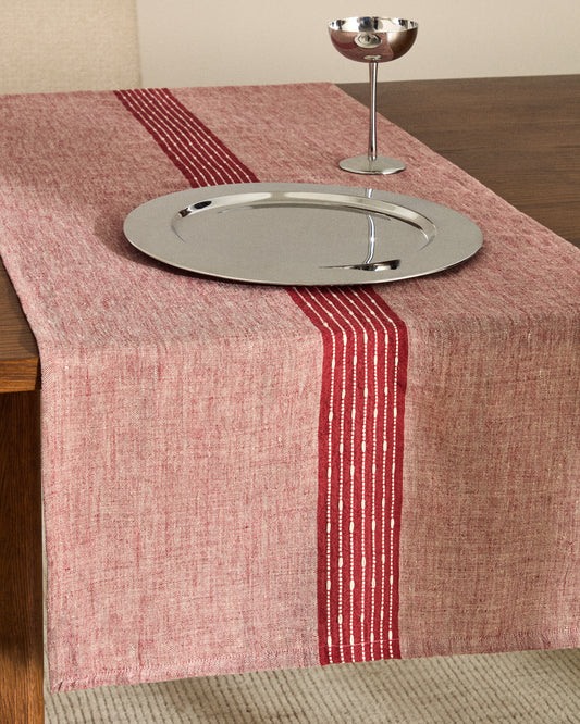 Calena linen jacquard table runner with red central stripe 50 x 150 cm