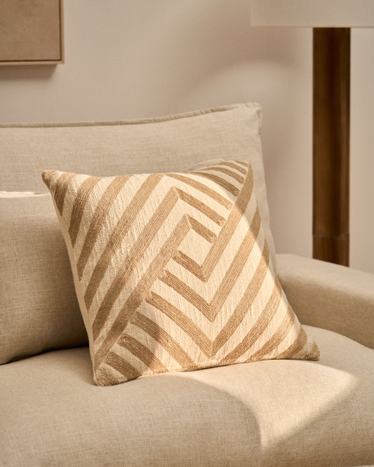 Silume ecru cotton cushion cover with beige jute embroidery 45 x 45cm