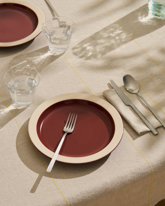 Ulaen beige cotton and linen tablecloth with yellow stripes 170 x 250cm