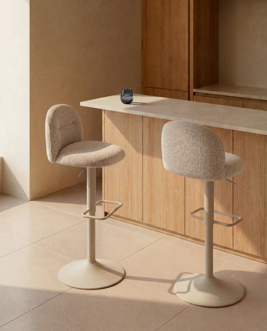 Arino beige chenille stool with beige metal legs 65cm