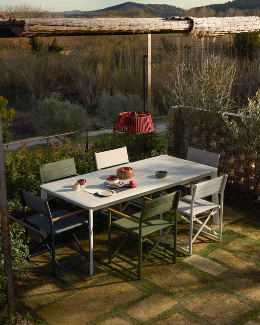 Set with Brela extendable table in ecru aluminium and 6 stackable Canea chairs in ecru aluminium and beige texteline 205(287)x100 cm