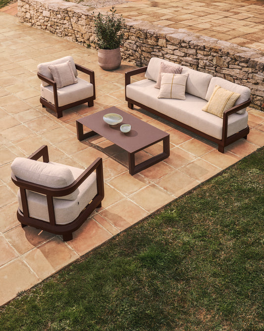 Nerano set with 3-seater sofa, 2 armchairs and coffee table in tempered glass and brown aluminium