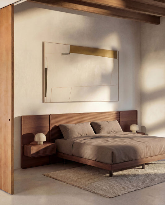 Norlen bed with 2 bedside tables in walnut veneer with dark finish and LED light for 180 x 200 cm mattress FSC Mix Credit