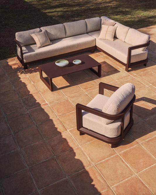 Nerano set with 5-seater corner sofa, armchair and coffee table in tempered glass and brown aluminium