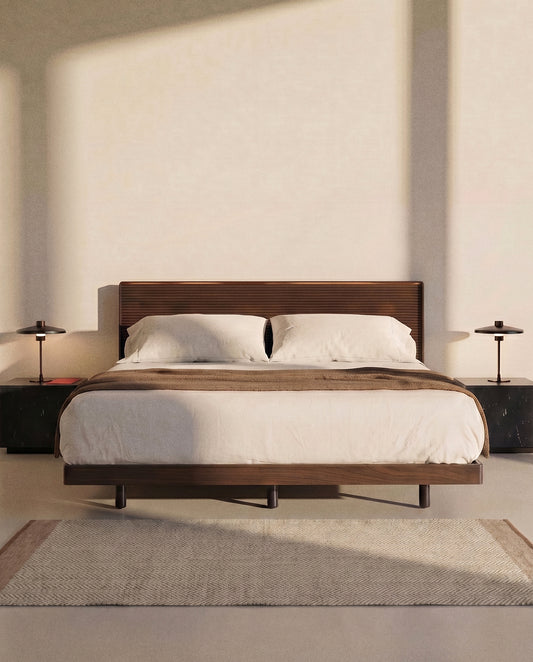 Norlen bed in walnut veneer with dark finish and LED light for 160 x 200cm mattress FSC Mix Credit