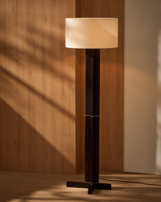 Niani floor lamp in rubber wood with dark finish and ivory-coloured cotton lamp shade