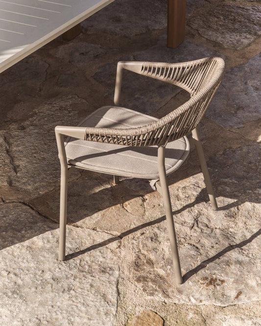 Livorno extendable table set in taupe aluminium with 6 Alimia chairs in taupe aluminium and brown synthetic rope cord 233 (350) x 100cm