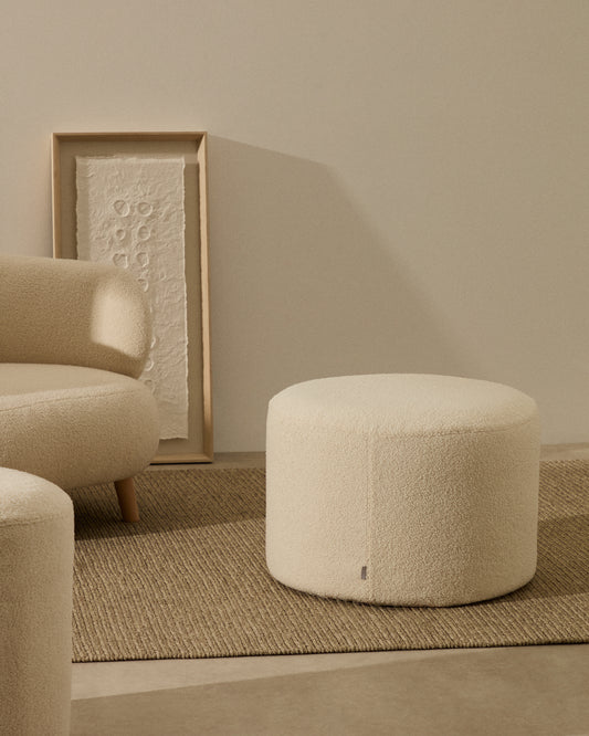 Kaeli footrest with removable cover in ecru bouclé Ø 60 cm