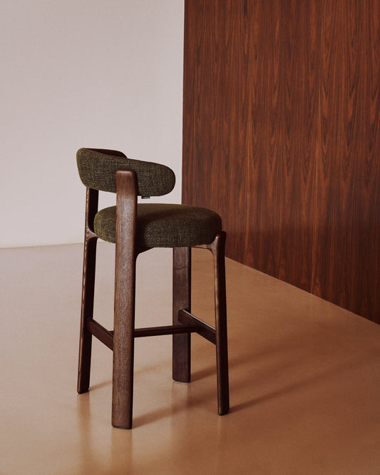 Granite stool in green chenille and solid ash wood with walnut-coloured finish FSC 100% 75cm