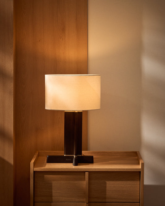 Niani table lamp in dark-finish rubber wood with ivory-coloured cotton shade Ø30cm