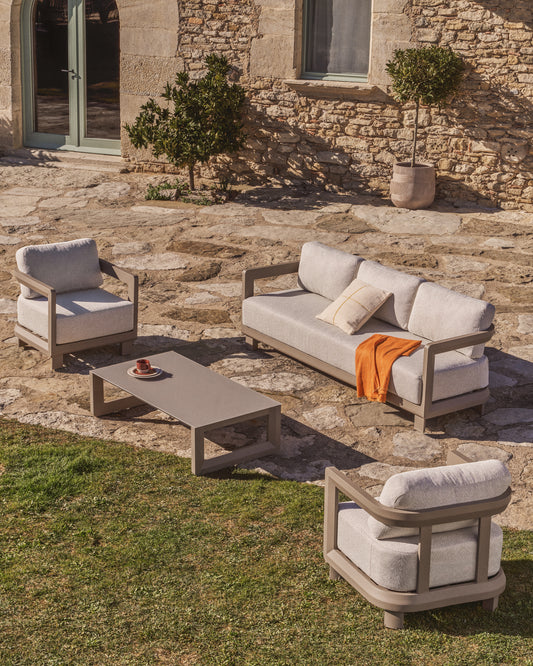 Nerano set with 3-seater sofa, 2 armchairs and coffee table in tempered glass and taupe aluminium