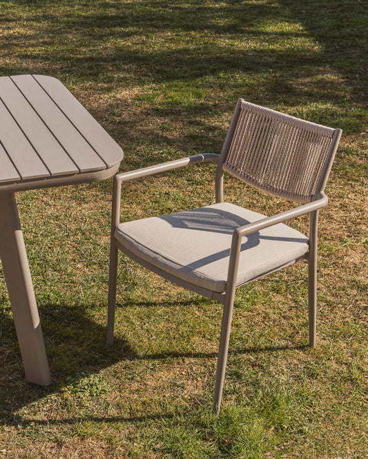 Argasi stackable outdoor chair in taupe aluminium and beige synthetic rope cord
