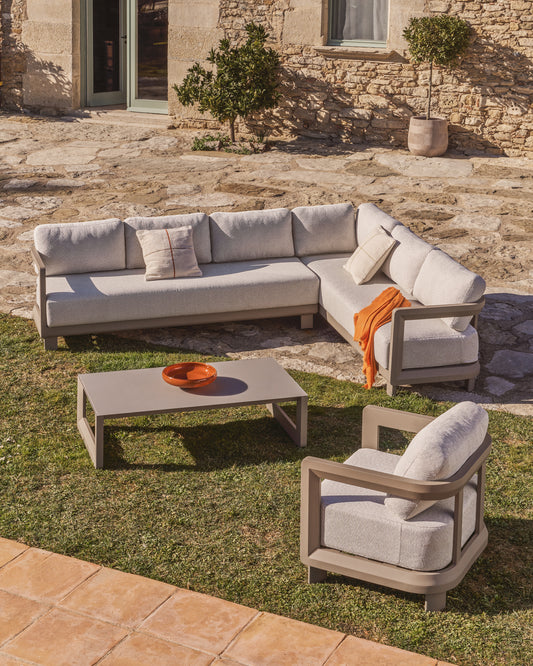 Nerano set with 5-seater corner sofa and coffee table in tempered glass and taupe aluminium