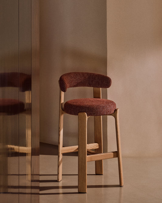 Granite stool in terracotta chenille and solid ash wood with natural tone finish FSC 100% 75cm