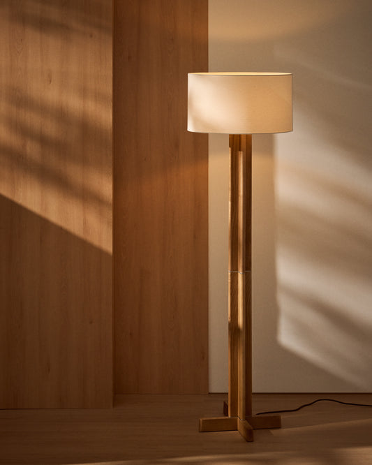 Niani floor lamp in rubber wood with natural finish and ivory-coloured cotton lamp shade