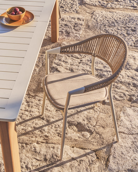 Alimia stackable outdoor chair in ecru aluminium with beige synthetic rope
