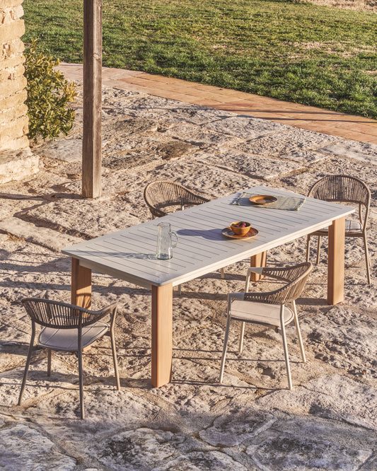 Livorno ecru aluminium extendable table set with wood-effect legs and 6 Alimia chairs in ecru aluminium and beige synthetic rope cord 233 (350)x100cm