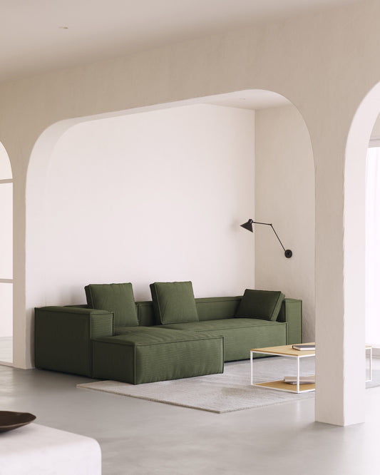 Blok 3-seater left chaise longue sofa in green thick corduroy 300cm FSC Mix Credit