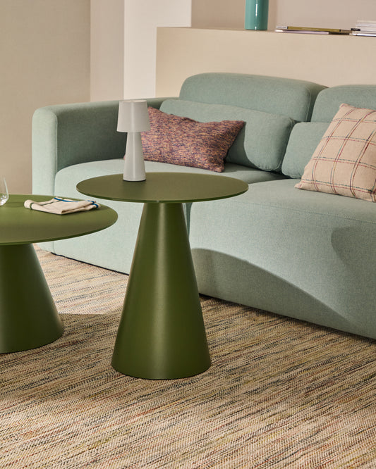 Wilshire side table with frosted tempered glass and matt green painted steel finish Ø50cm