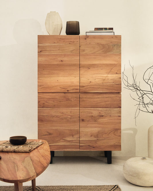 Uxue 4-door tall sideboard in solid acacia wood with bleached finish and black steel 100 x 155cm