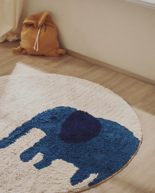 Tandani beige cotton round rug with blue elephant Ø 100cm