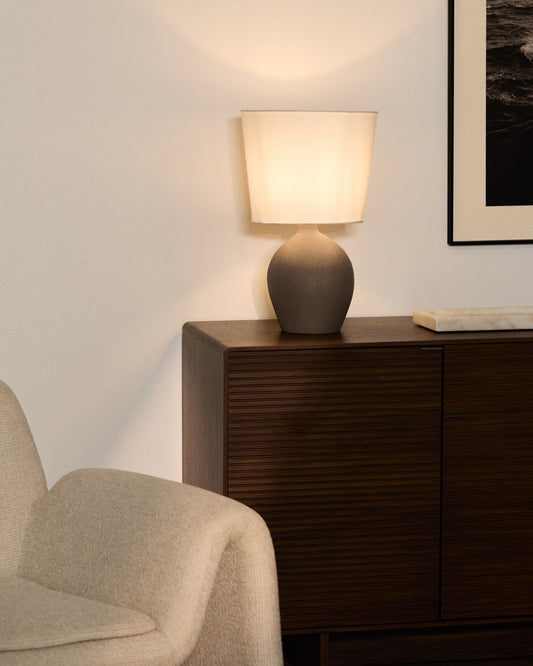 Viona medium table lamp with textured stone effect and cotton lampshade