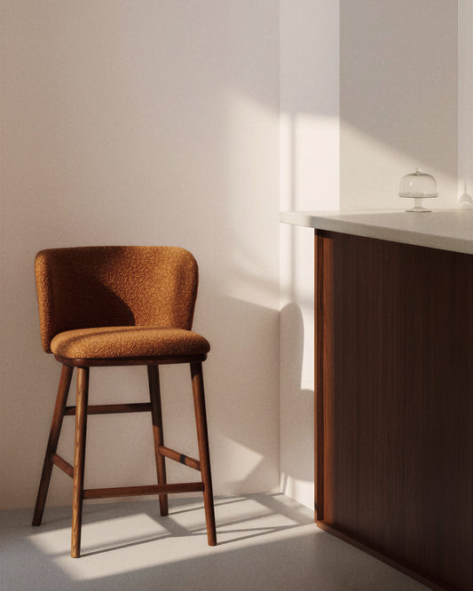 Ciselia terracotta thick chenille stool with solid ash wood legs with walnut-coloured finish FSC Mix Credit 65cm