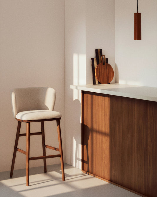 Ciselia beige chenille stool with solid ash wood legs with walnut-coloured finish FSC Mix Credit 75cm