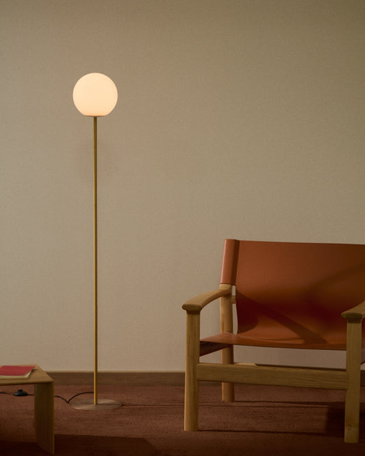 Brisia metal floor lamp with brushed brass finish and 1 frosted glass ball Ø20cm