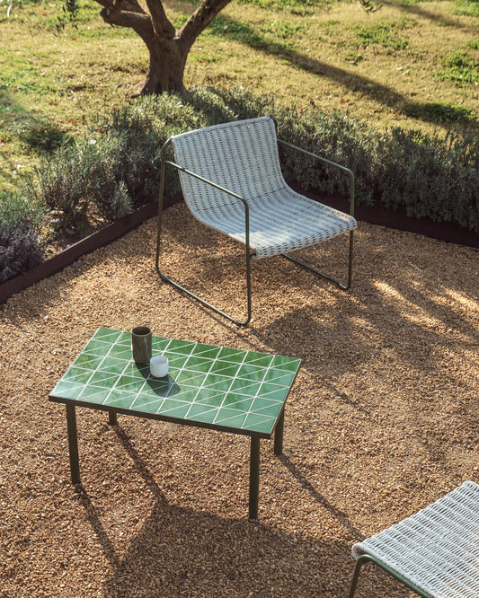 Maurina side table in green galvanised steel with ecru tiles 81 x 51 cm
