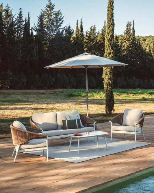 Zuara set with 3-seater sofa, 2 armchairs and outdoor table in ecru aluminium and brown synthetic rope cord