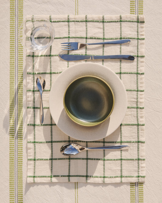 Adesta set of 2 individual placemats in 100% cotton ecru with green checks 35 x 50 cm