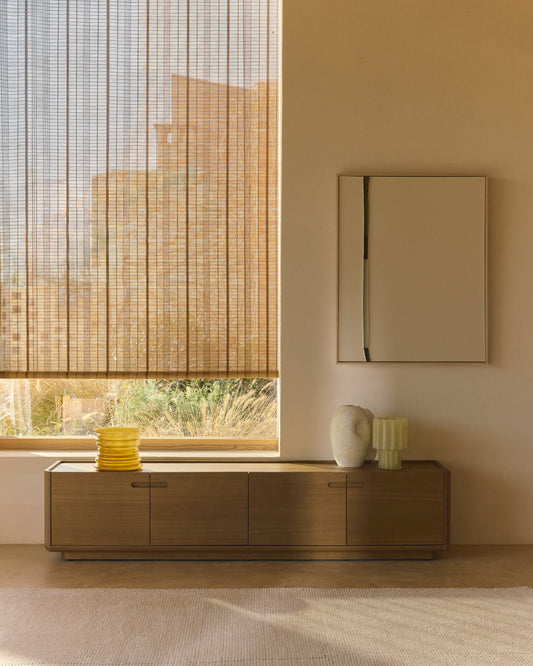 Arelida TV stand made of oak veneer and solid oak wood with light brown finish 200 x 44cm