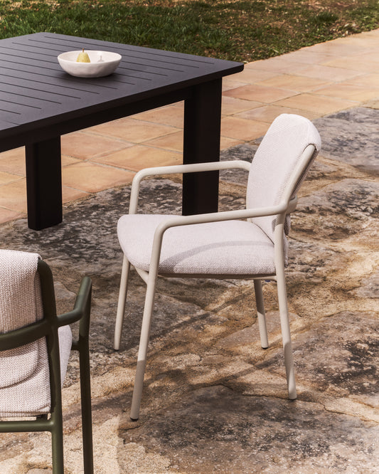 Linosa stackable outdoor chair in ecru aluminium with beige cushion