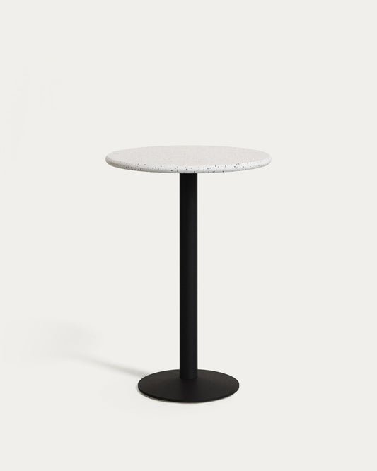 Saura round high bar table made of black metal with a white terrazzo top, 96 x Ø70 cm